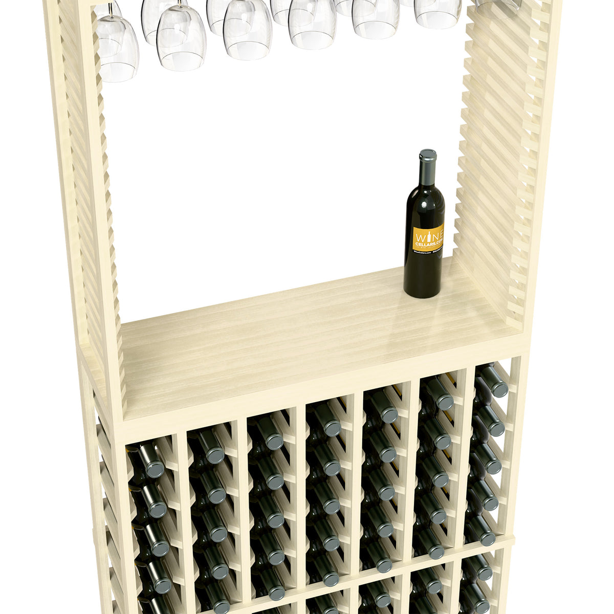 White wine tasting station with stemware rack, tabletop, and front bottle slots
