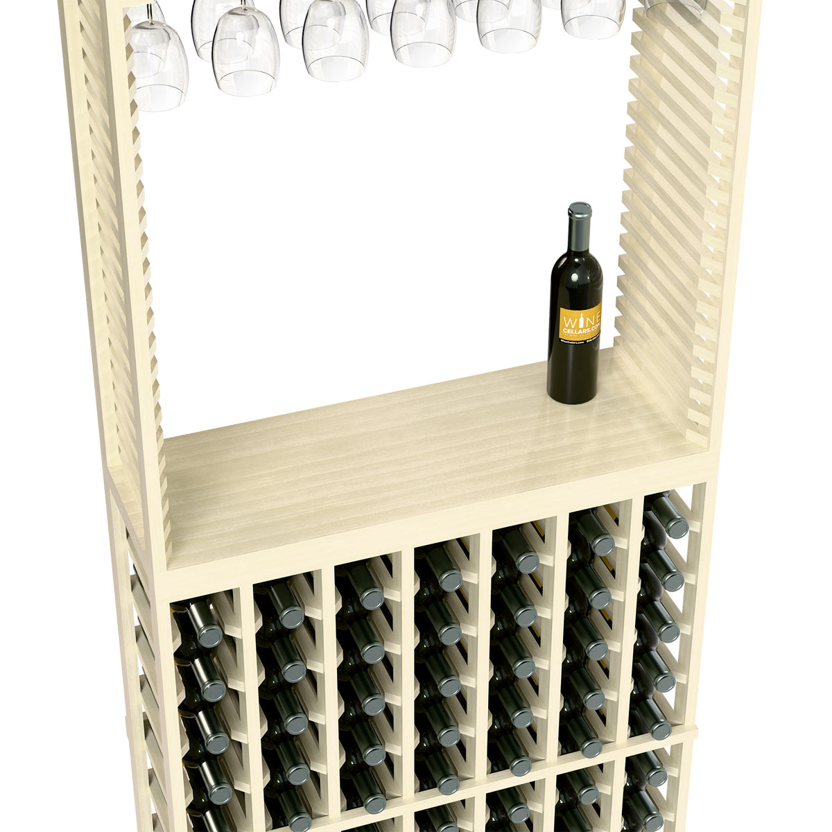 White wine tasting station with tabletop, stemware rack, and front bottle storage