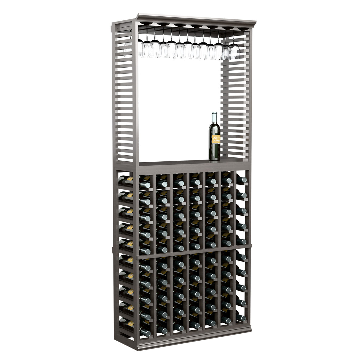 Gray wine tasting station with stemware rack and front bottle storage columns
