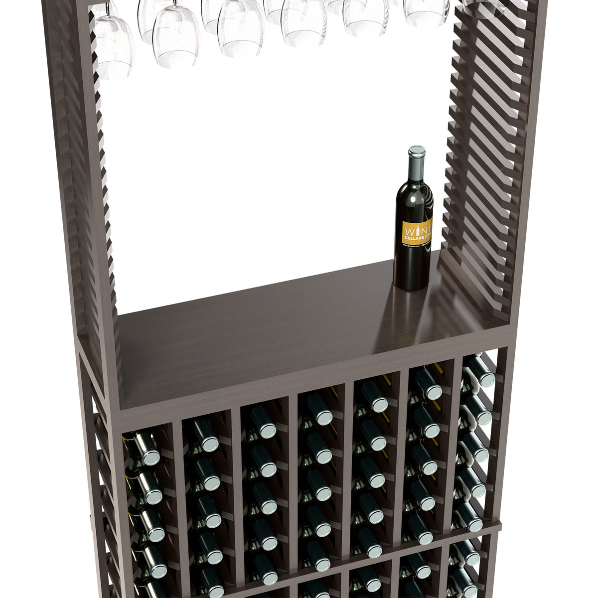 Gray wine tasting station with tabletop, stemware rack, and front bottle storage
