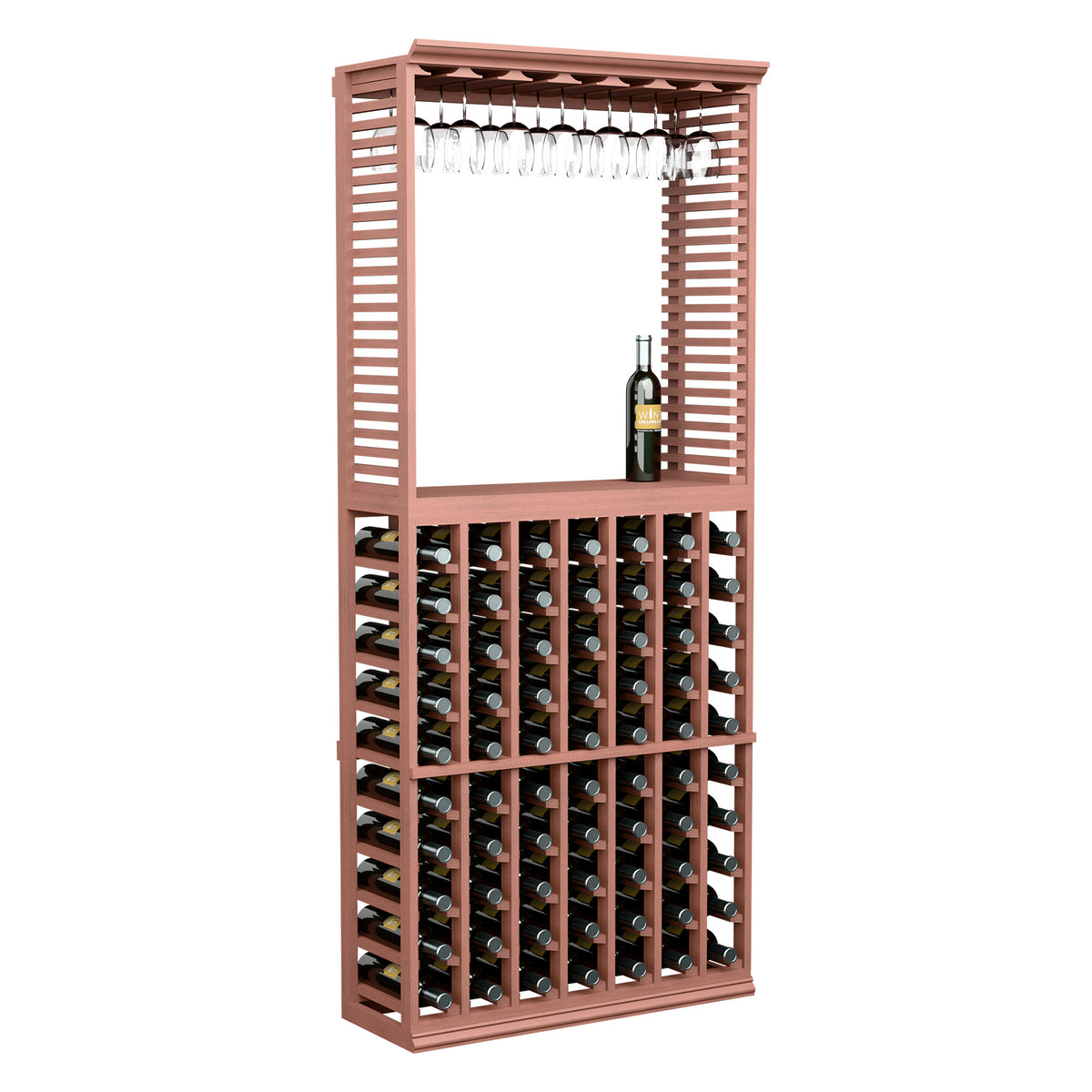 Red wine tasting station with top stemware rack and front bottle storage grid