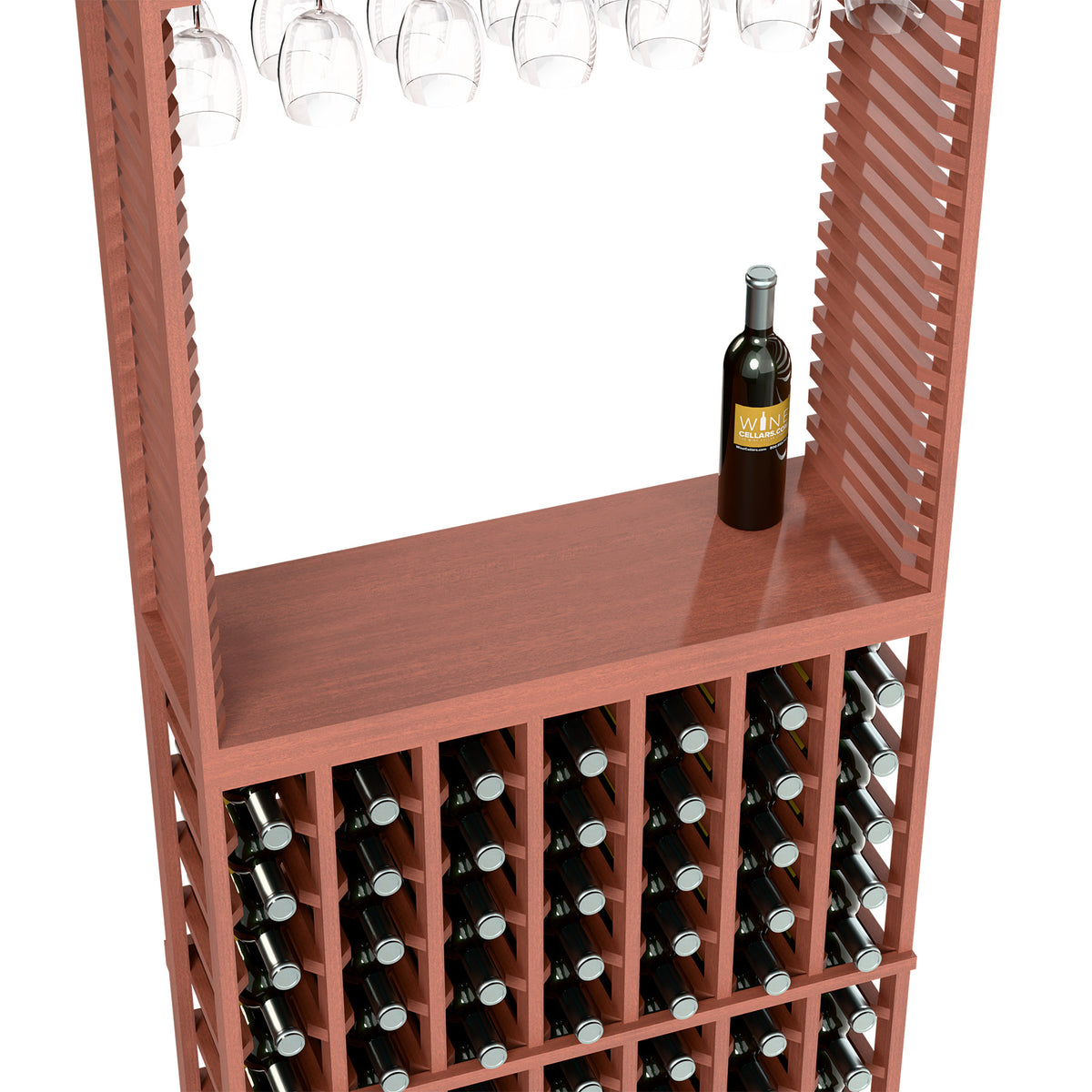 Red wine tasting station with stemware rack, tabletop, and front bottle slots