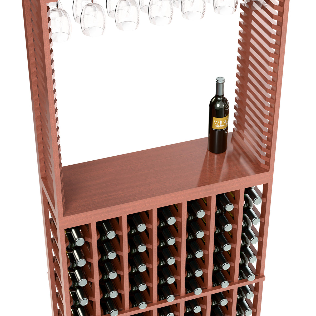 Wood wine tasting station with countertop, bottle, and stemware rack above