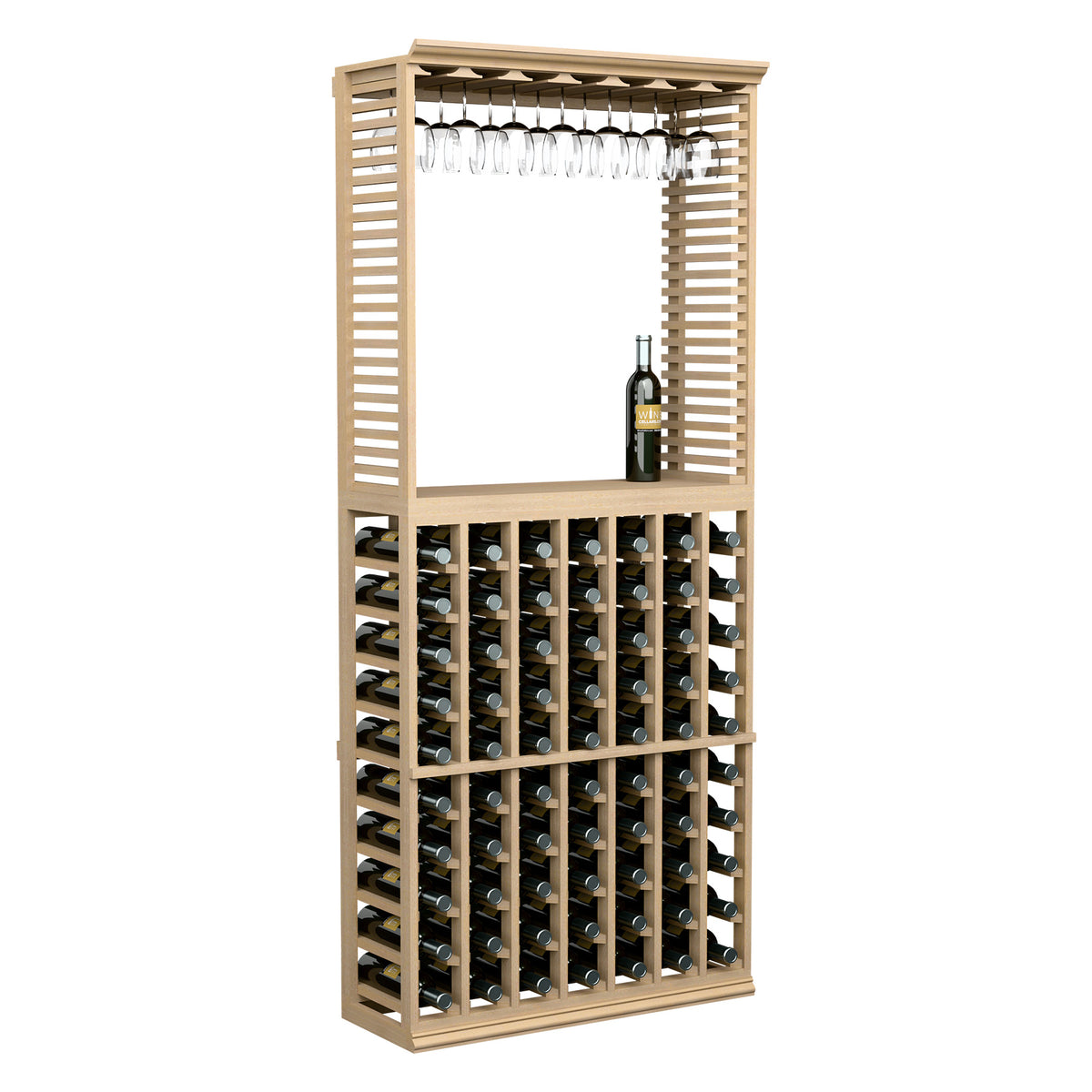 Light wood wine tasting station with front bottle rack and hanging stemware