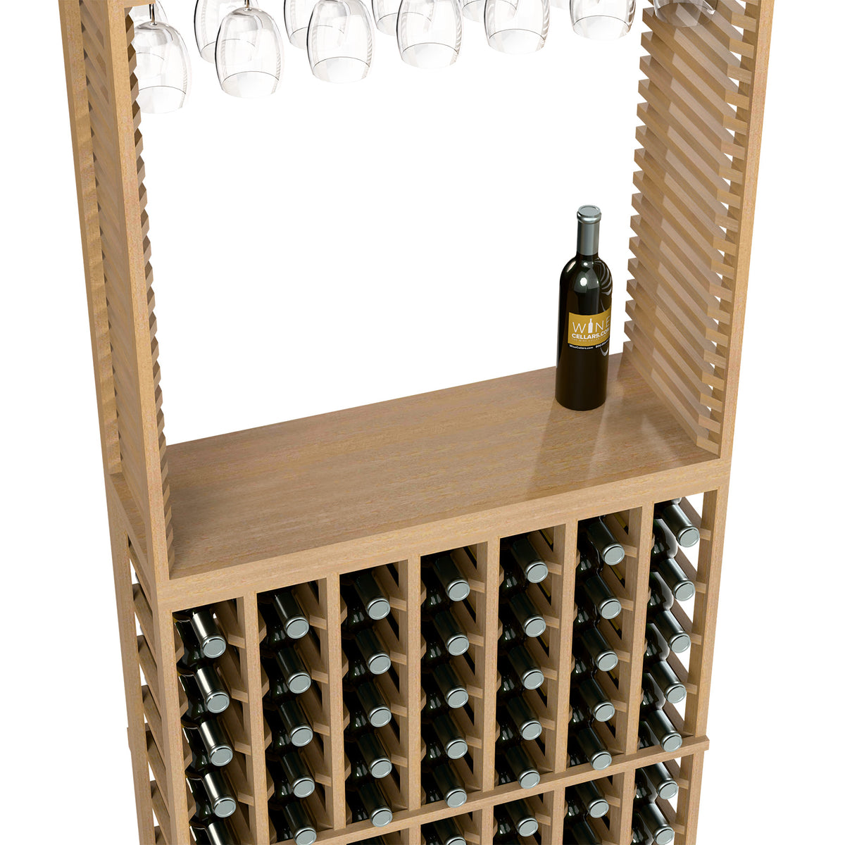 Light wood wine tasting station with bottle on top shelf and bottle rack below