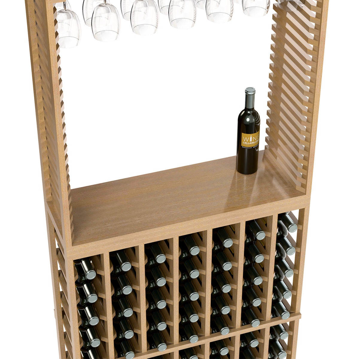 Wood wine tasting station with stemware rack and wine bottle holders, bottle on side shelf