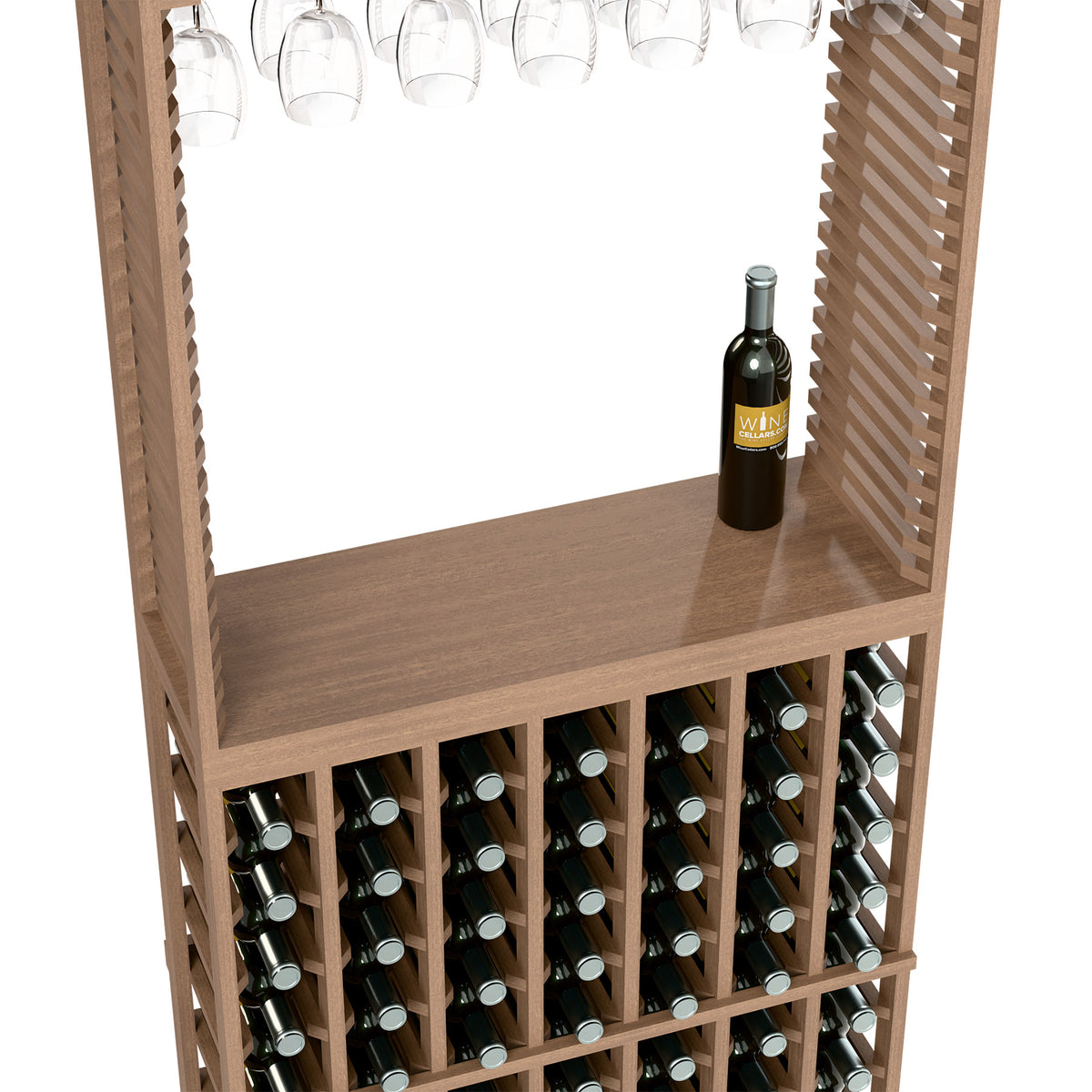 Light wood wine tasting station with top shelf bottle and front bottle storage