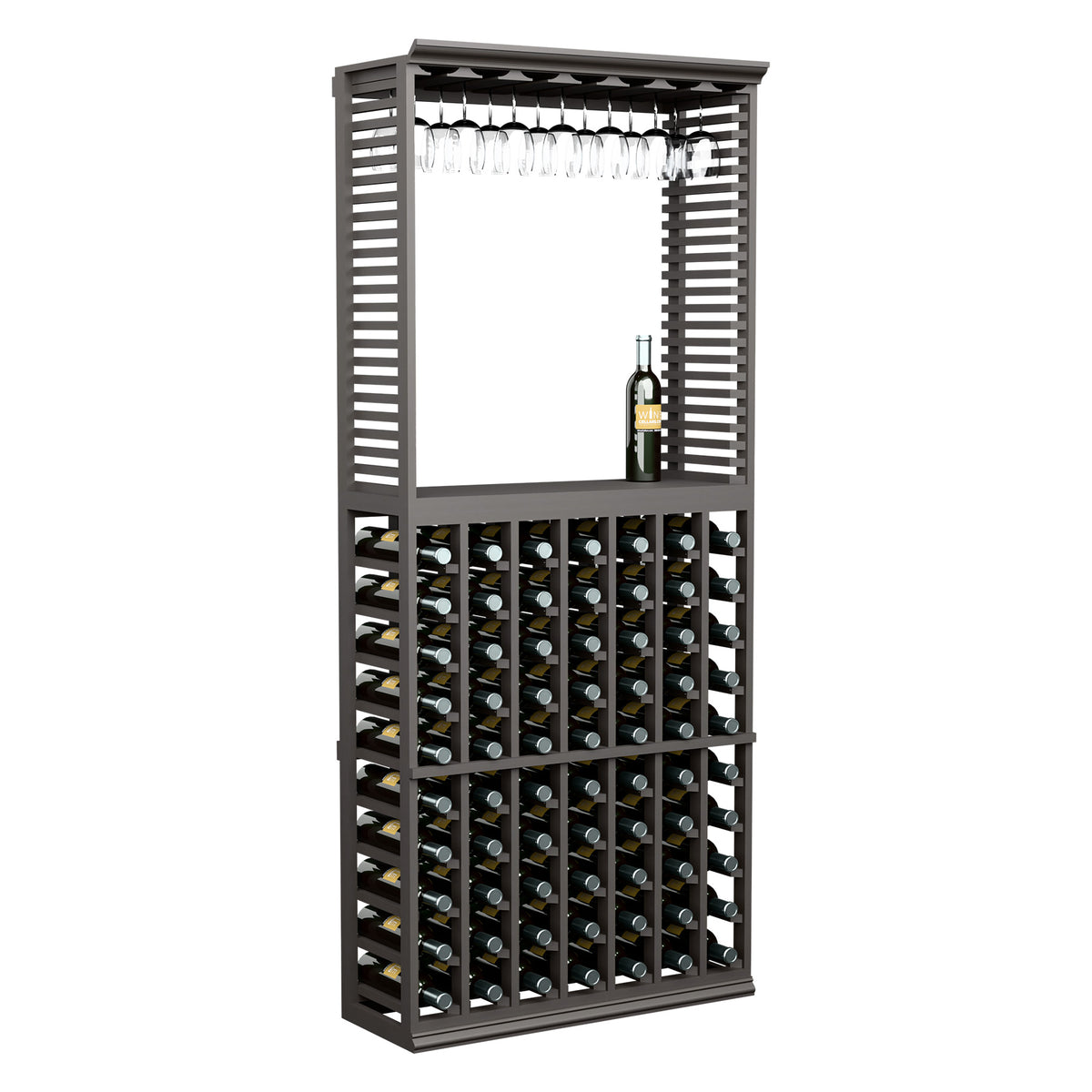 Dark wood wine tasting station with front bottle rack and top stemware holder