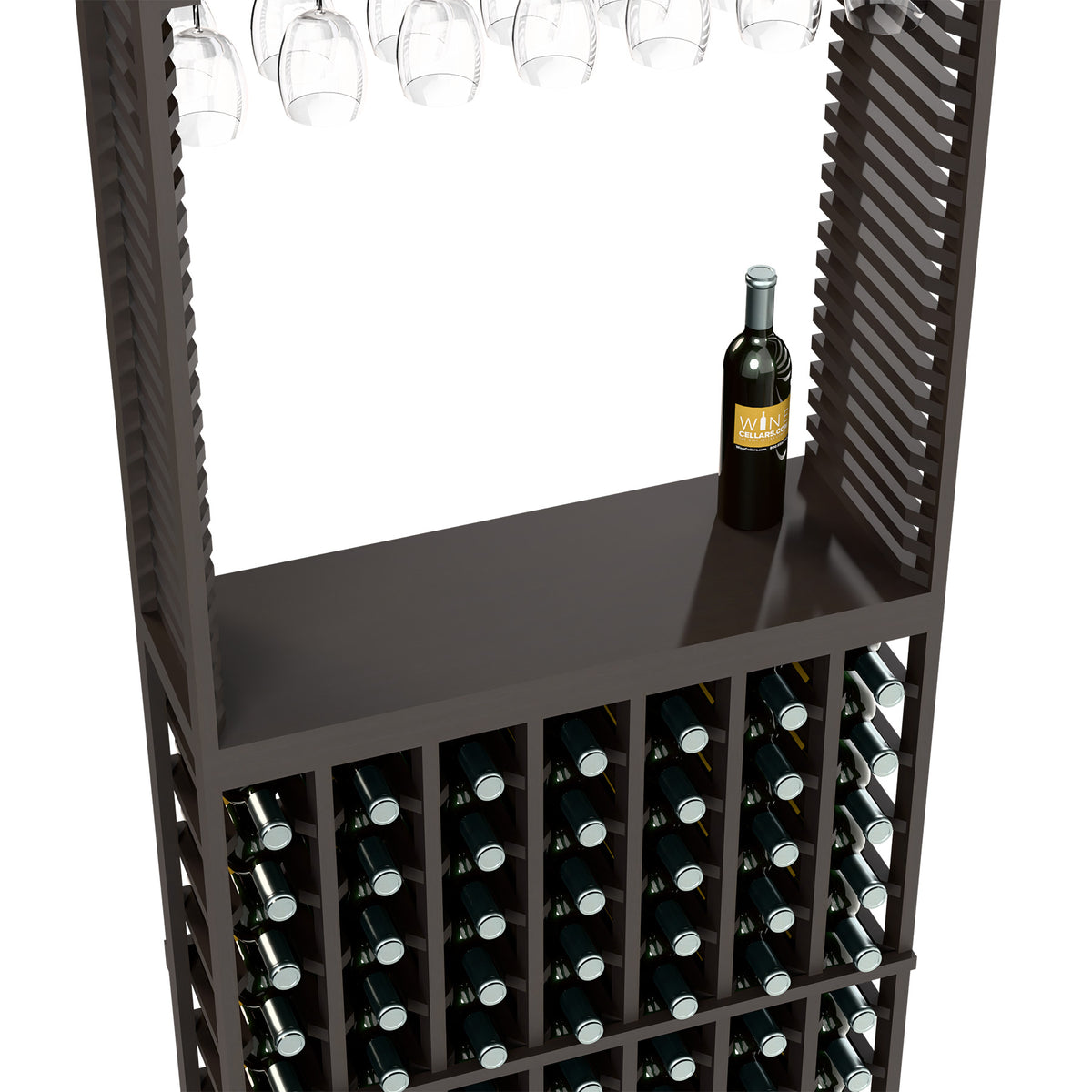 Dark wood wine tasting station with stemware rack and bottle storage shelves