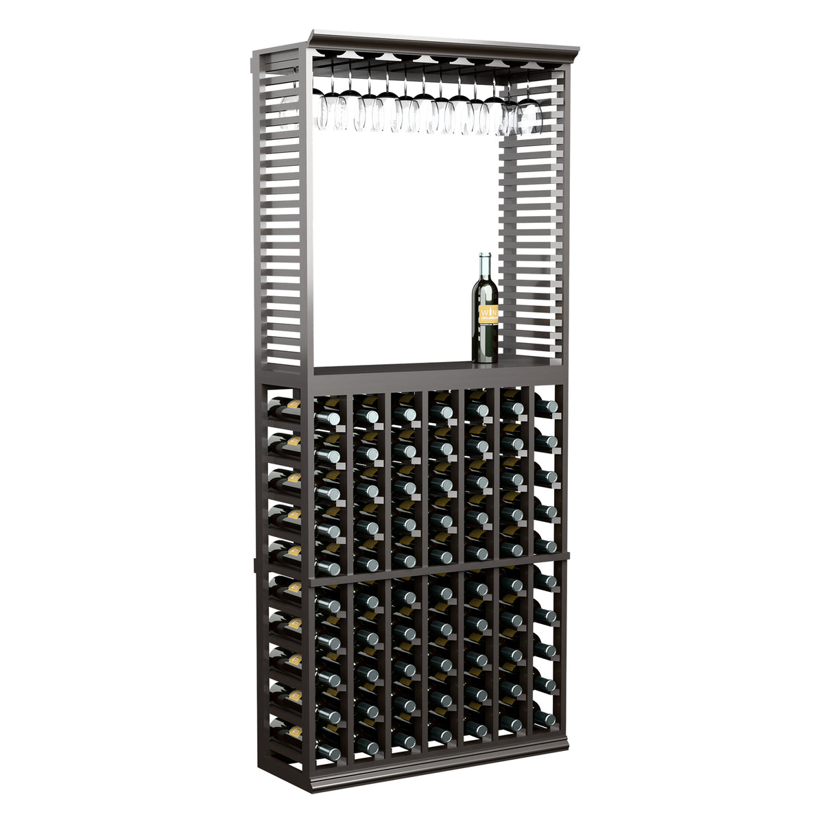 Black wine tasting station with stemware rack above a bottle storage grid
