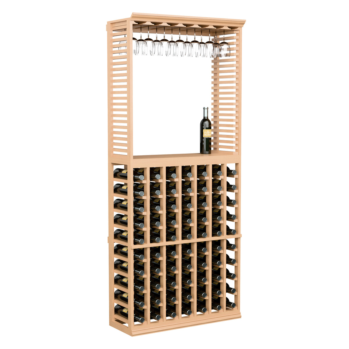 Natural wood wine tasting station with overhead stemware rack and bottle storage grid