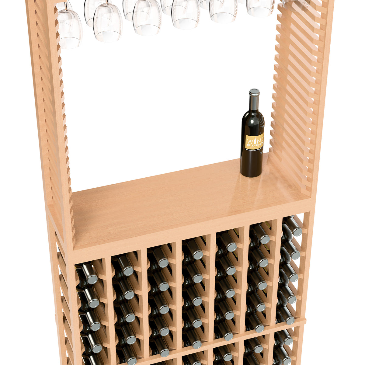 Light wood wine tasting station with stemware rack, bottle display on top shelf