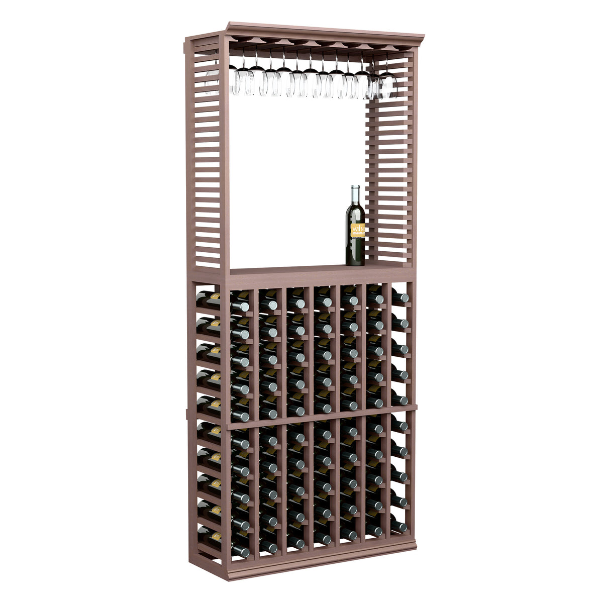 Dark wood wine tasting station with stemware rack and two rows of wine bottle slots