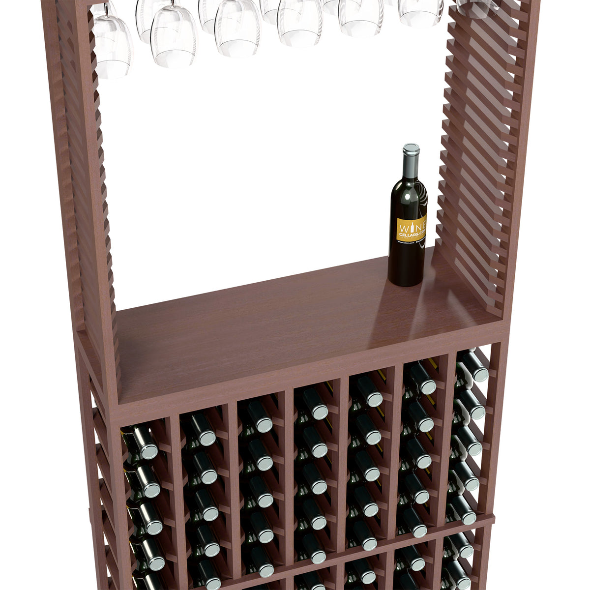 Dark wood wine tasting station with stemware rack and bottle storage under top shelf