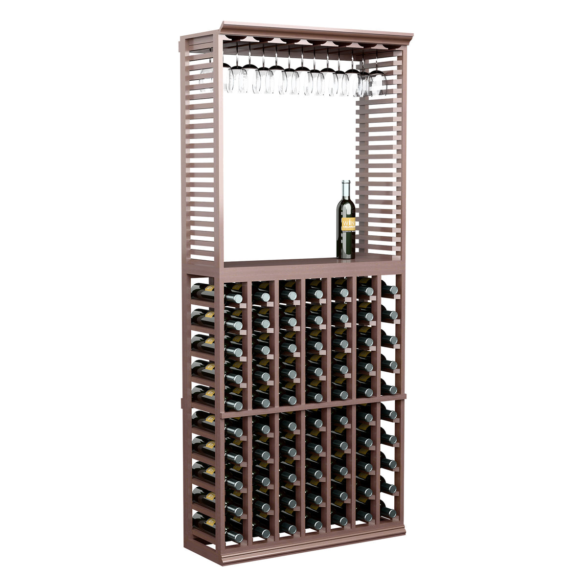 Dark wood wine tasting station cabinet with stemware rack and wine bottle grid