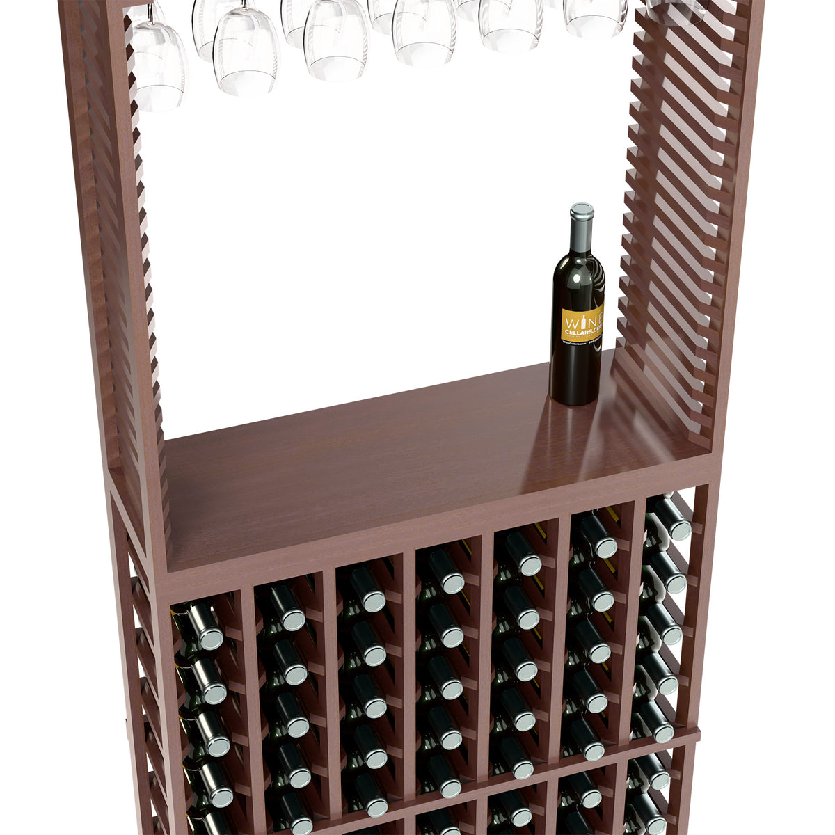 Dark wood wine tasting station with stemware rack and bottle storage with bottle on top