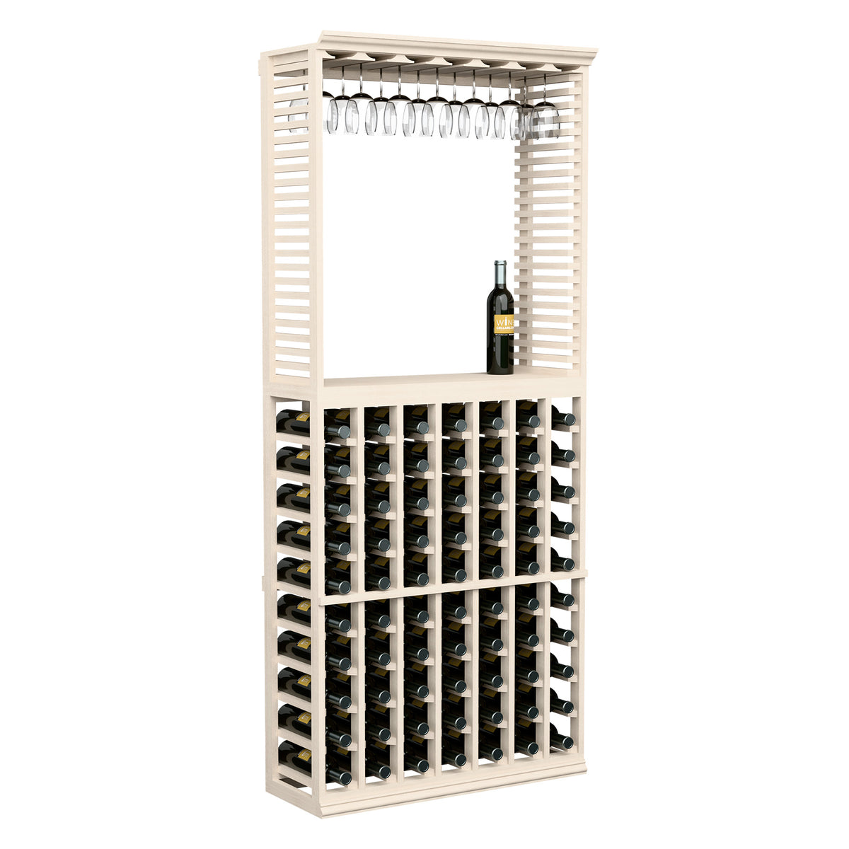 Light wood wine tasting station with stemware rack and two-level wine bottle storage