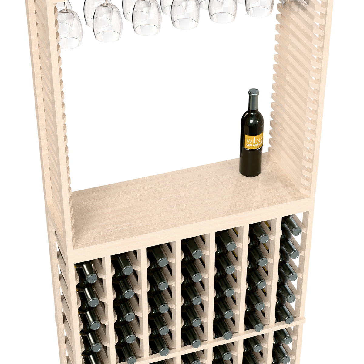 Wood wine tasting station with stemware rack, bottle and display shelves for bottles