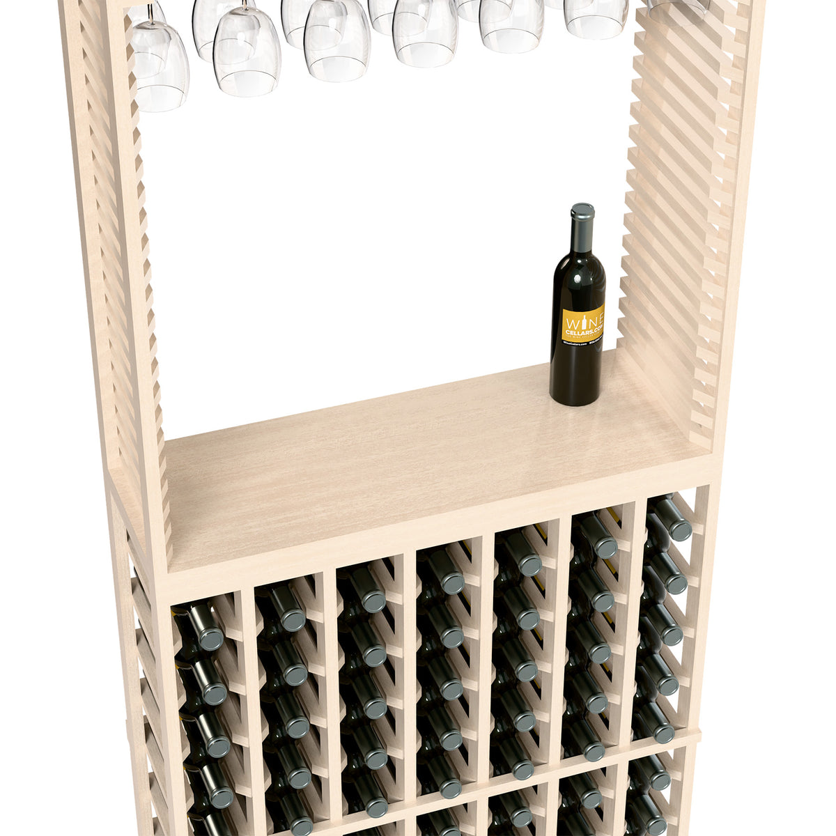 Wood wine tasting station with stemware rack and bottle on top shelf