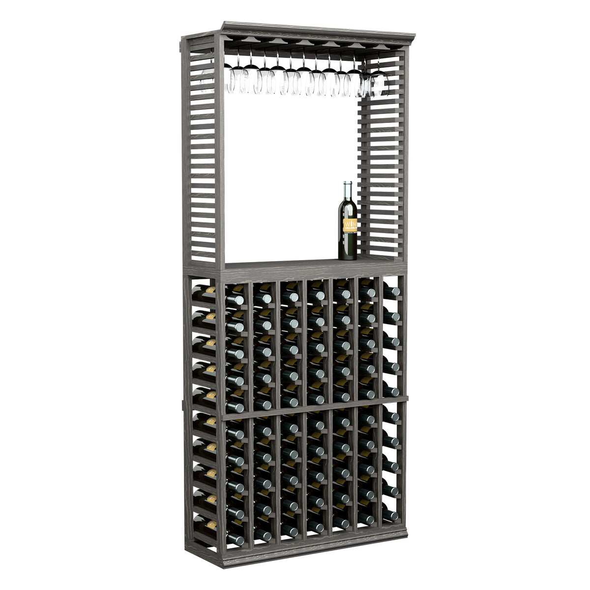 Dark wood wine tasting station with stemware rack and bottle storage grid