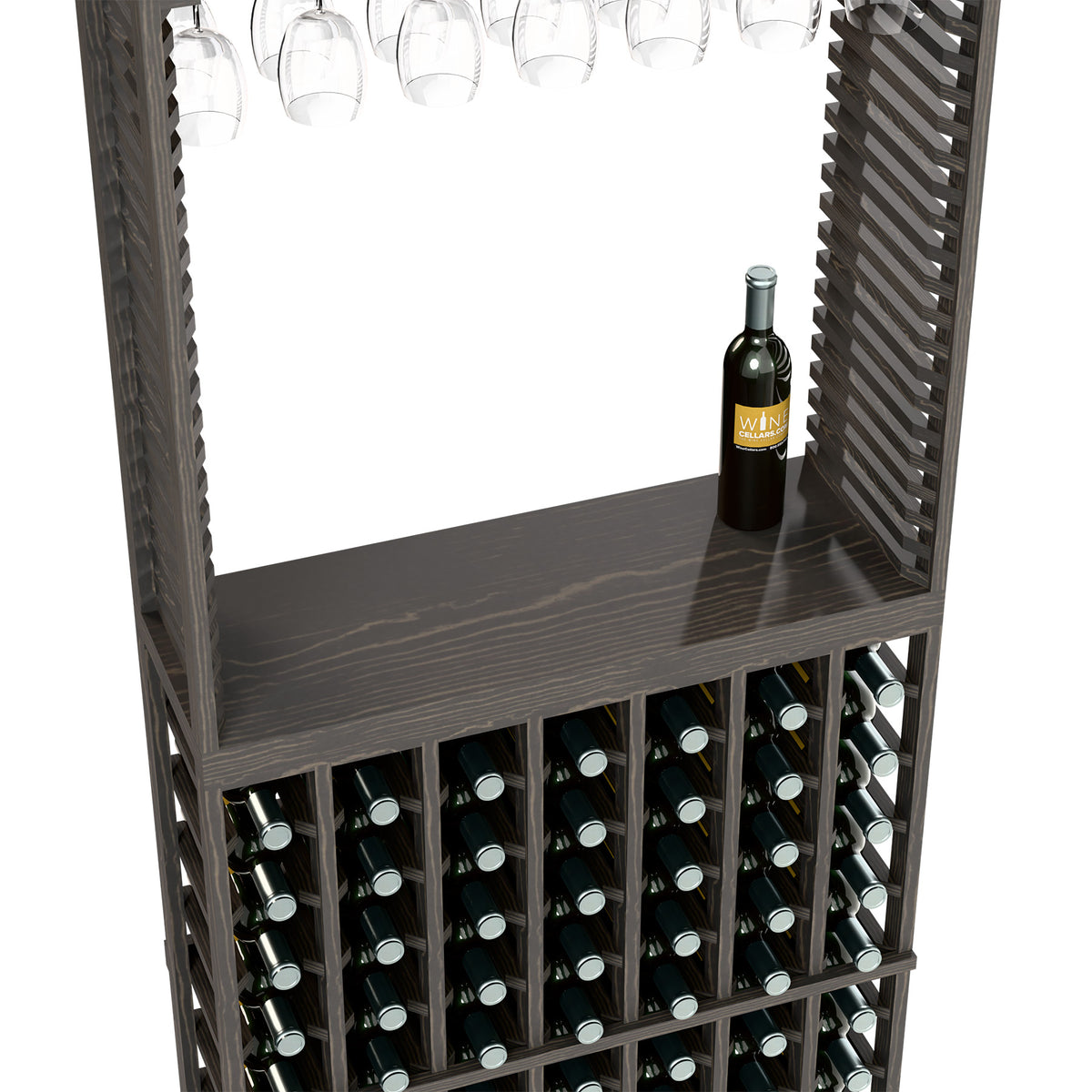 Dark wine tasting station with stemware rack, top shelf, and bottle storage