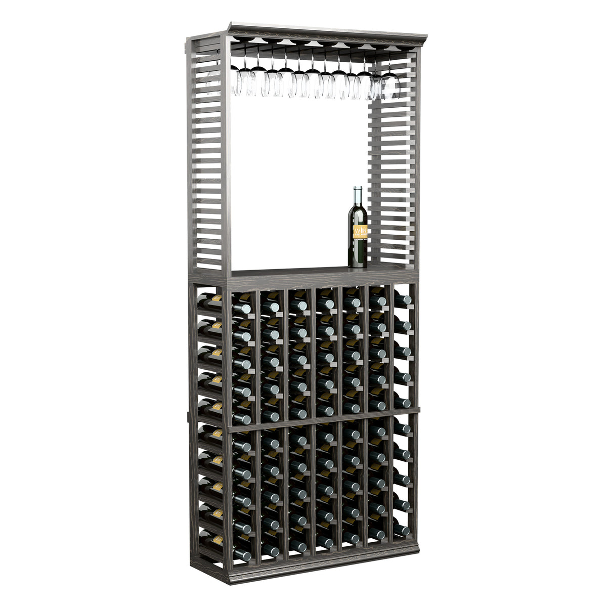 Dark wood wine tasting station with stemware rack and front bottle organizer