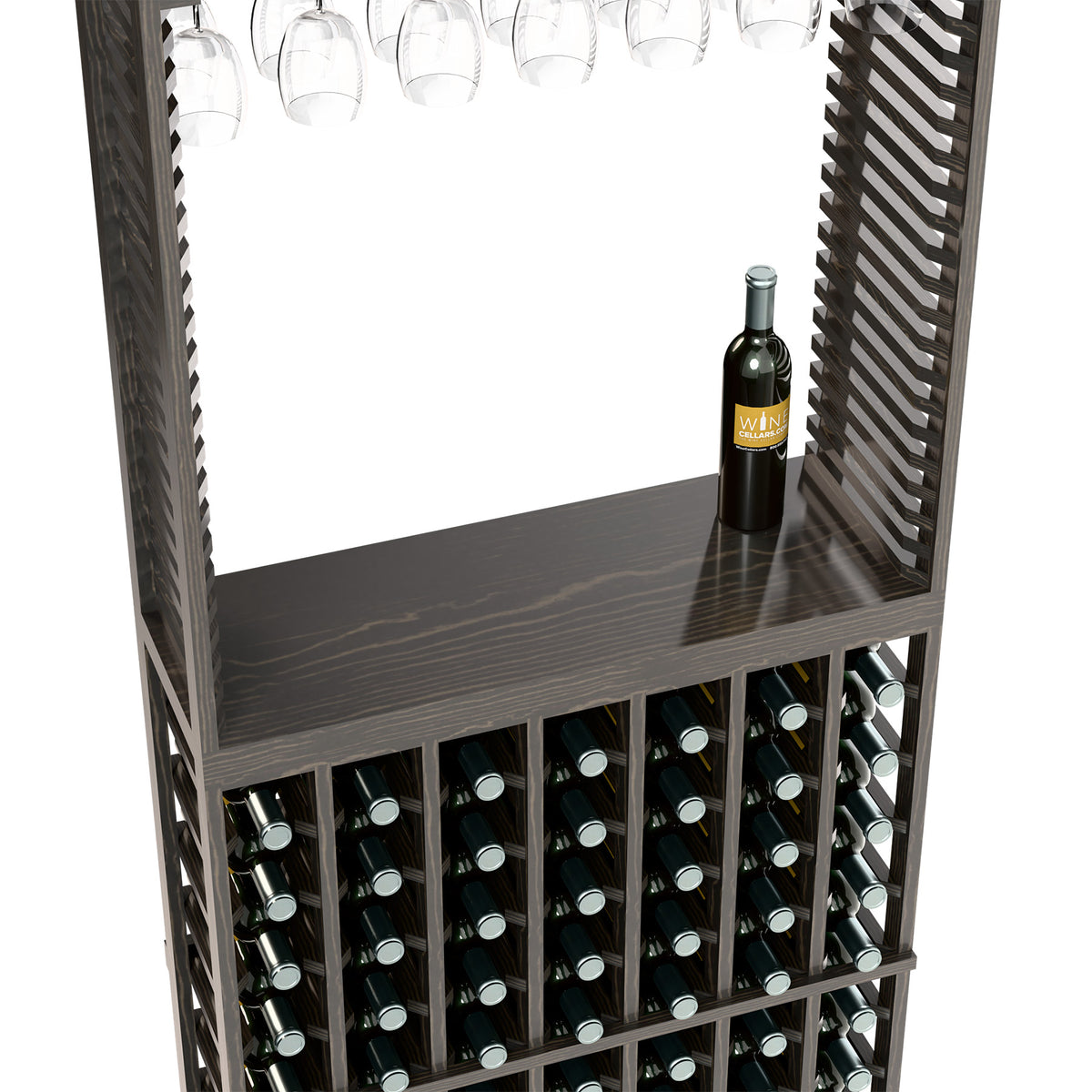 Dark wood wine tasting station with stemware rack and bottle on top shelf