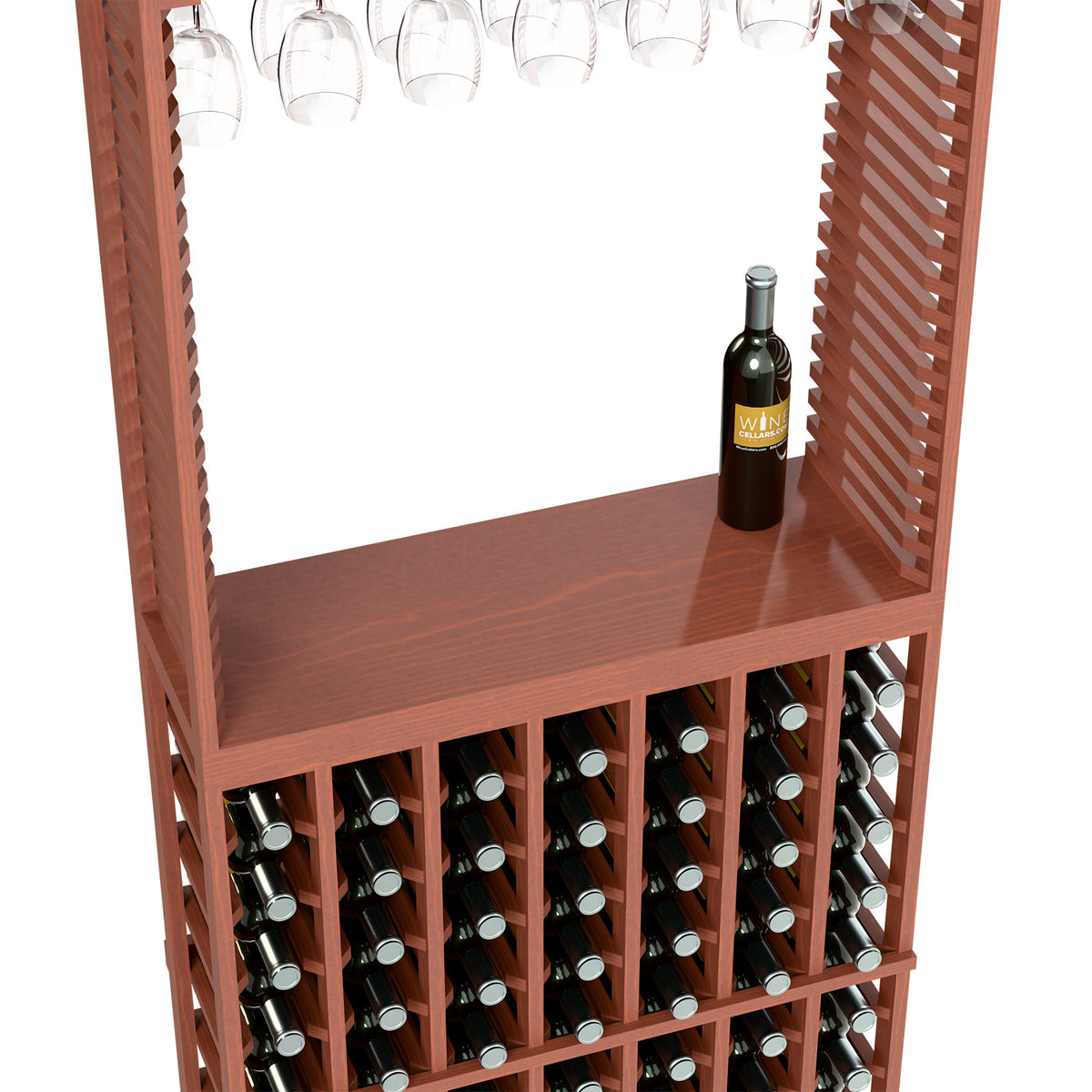 Red-toned wine tasting station with stemware rack, top shelf, and bottle storage