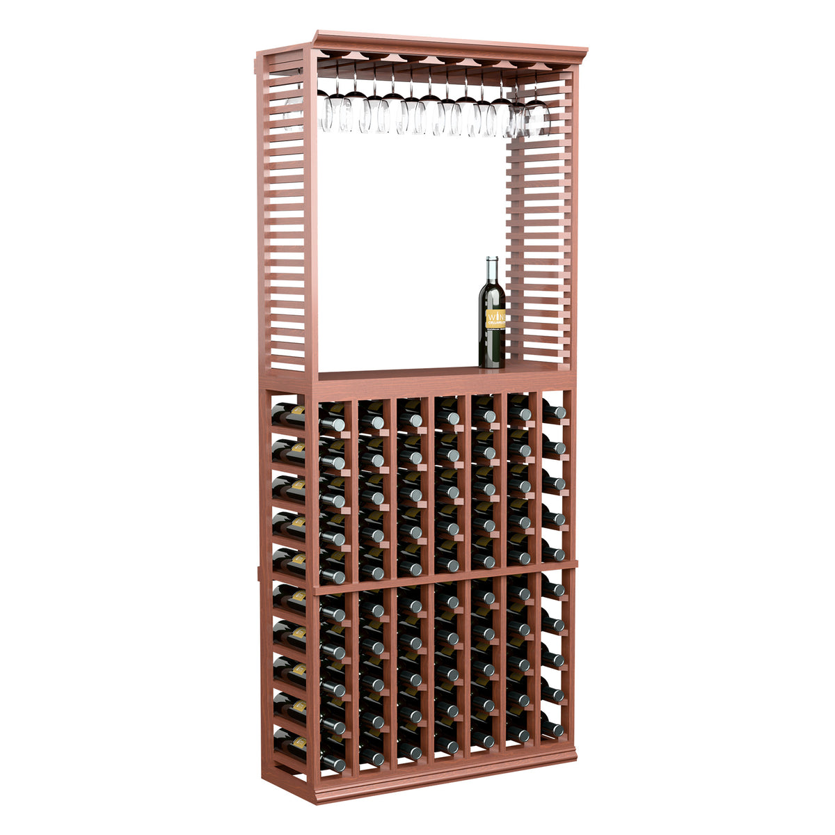 Red-toned wood wine tasting station with stemware rack and front bottle organizer