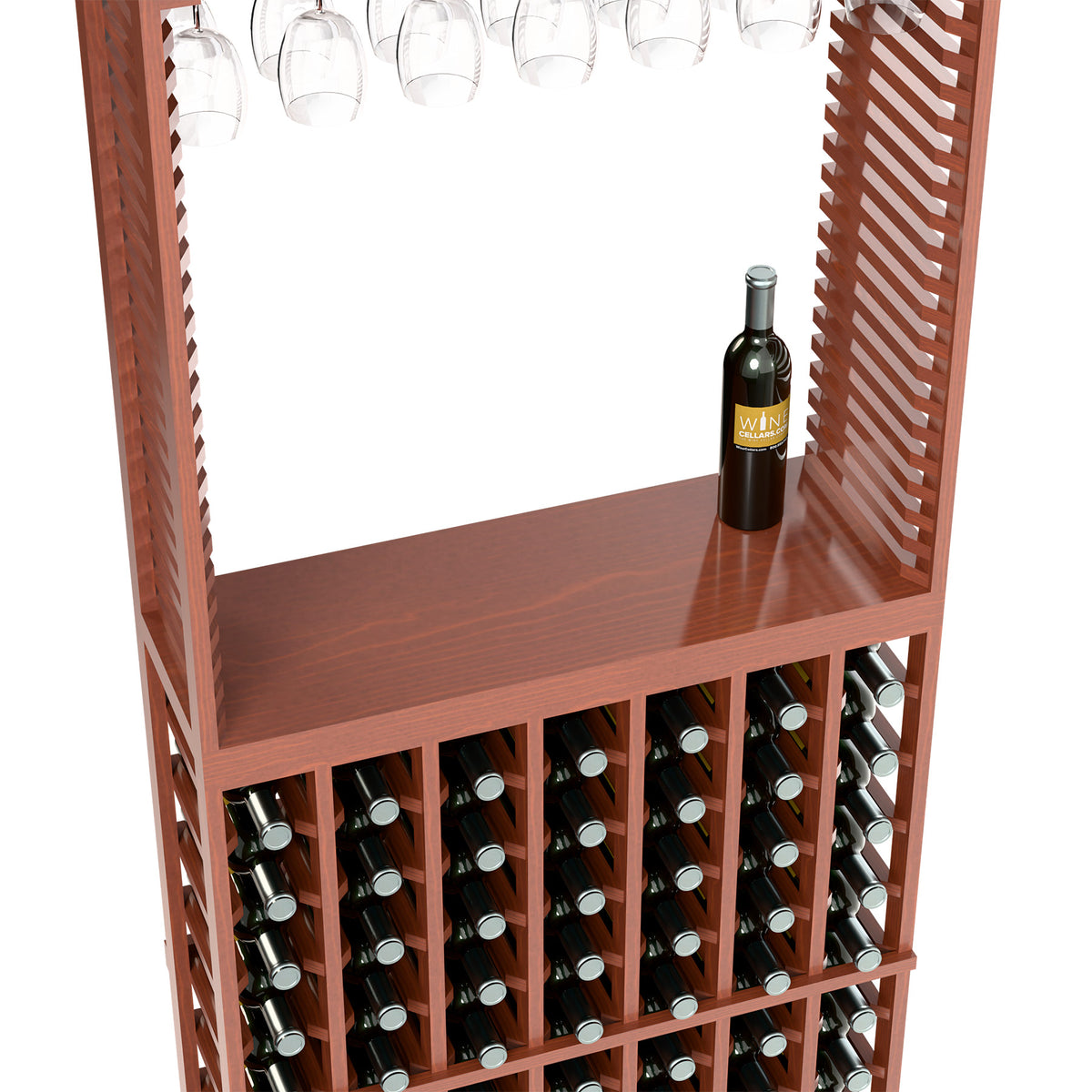Wood wine tasting station with stemware rack, bottle, and wine glass storage
