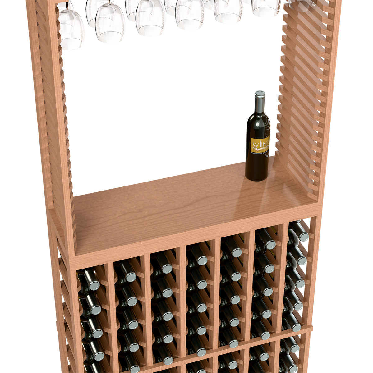 Wood wine tasting station with top stemware rack and bottle on serving shelf