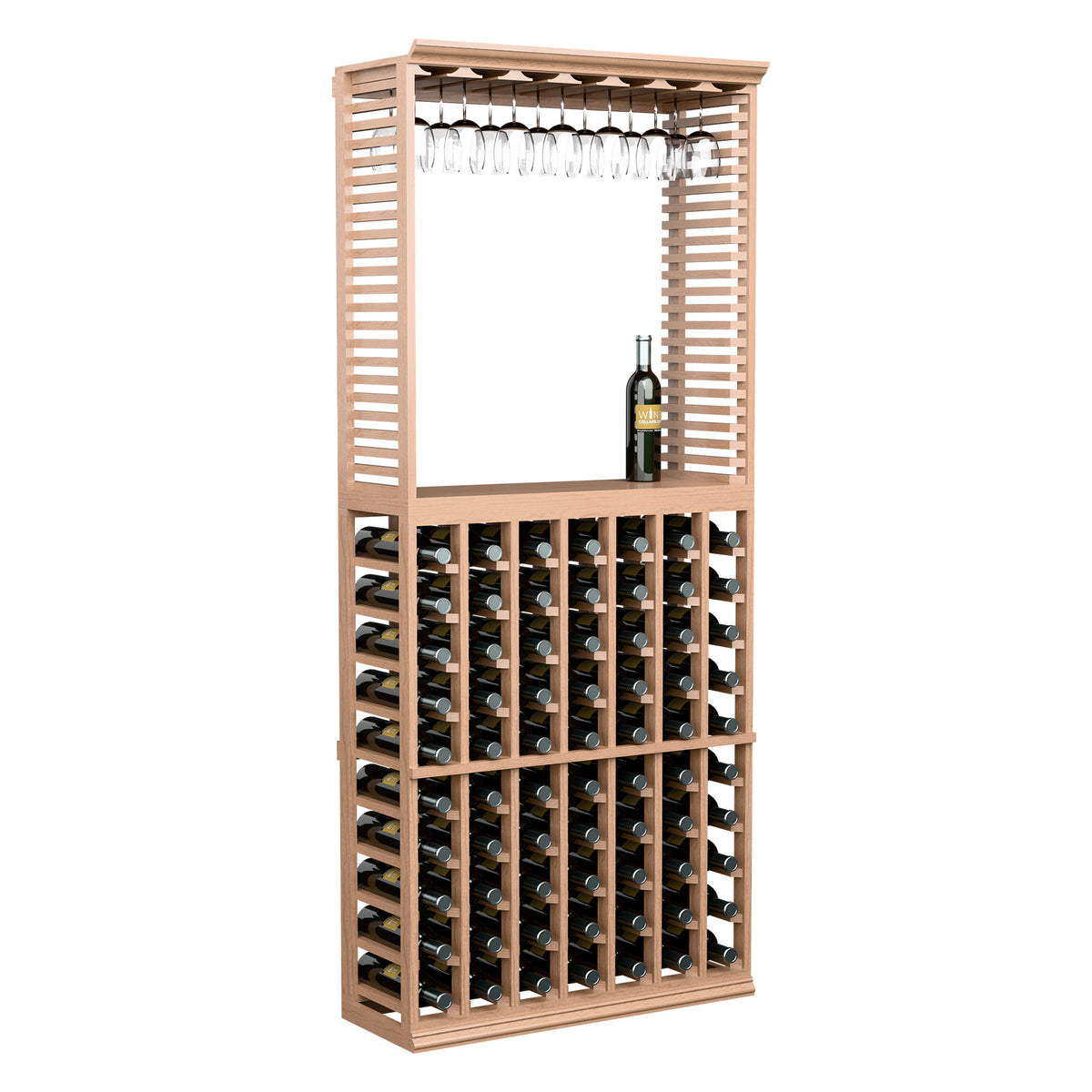 Wood wine tasting station with front wine rack grid and upper stemware rack