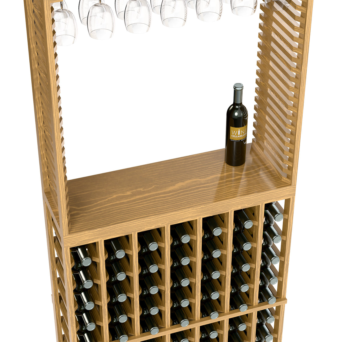 Light wood wine tasting station with stemware rack and wine bottle holders, bottle on shelf