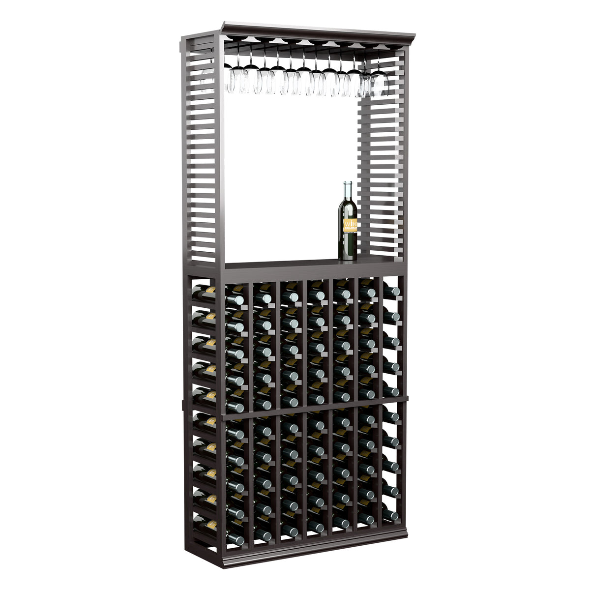 Dark wooden wine tasting station with stemware rack and bottle storage grid