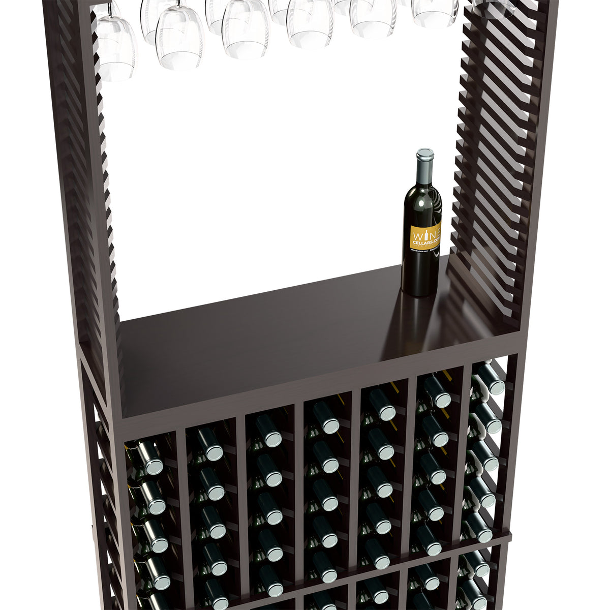 Dark wine tasting station showing stemware shelf, bottle slots, and countertop