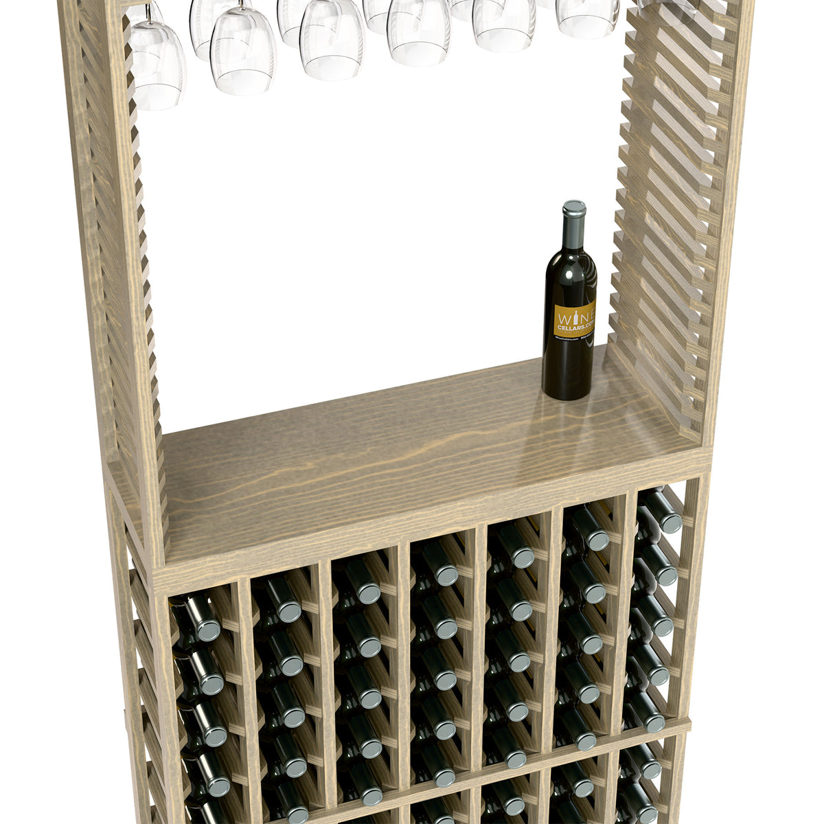 Light wood wine tasting station with bottle storage rows and stemware rack