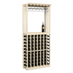 Light wooden wine tasting station with stemware rack above bottle storage