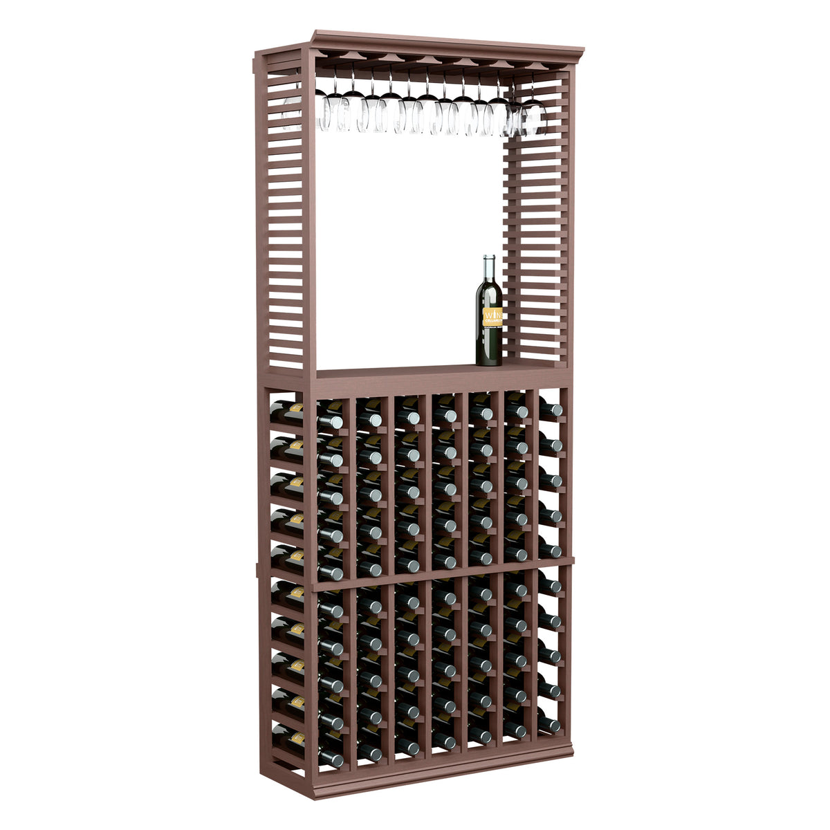 Brown wine tasting station with stemware rack and bottle storage grid