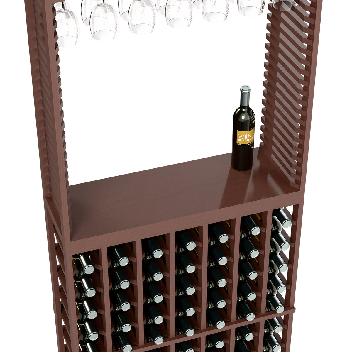 Brown wine tasting station showing bottle rows, top stemware rack, and ledge