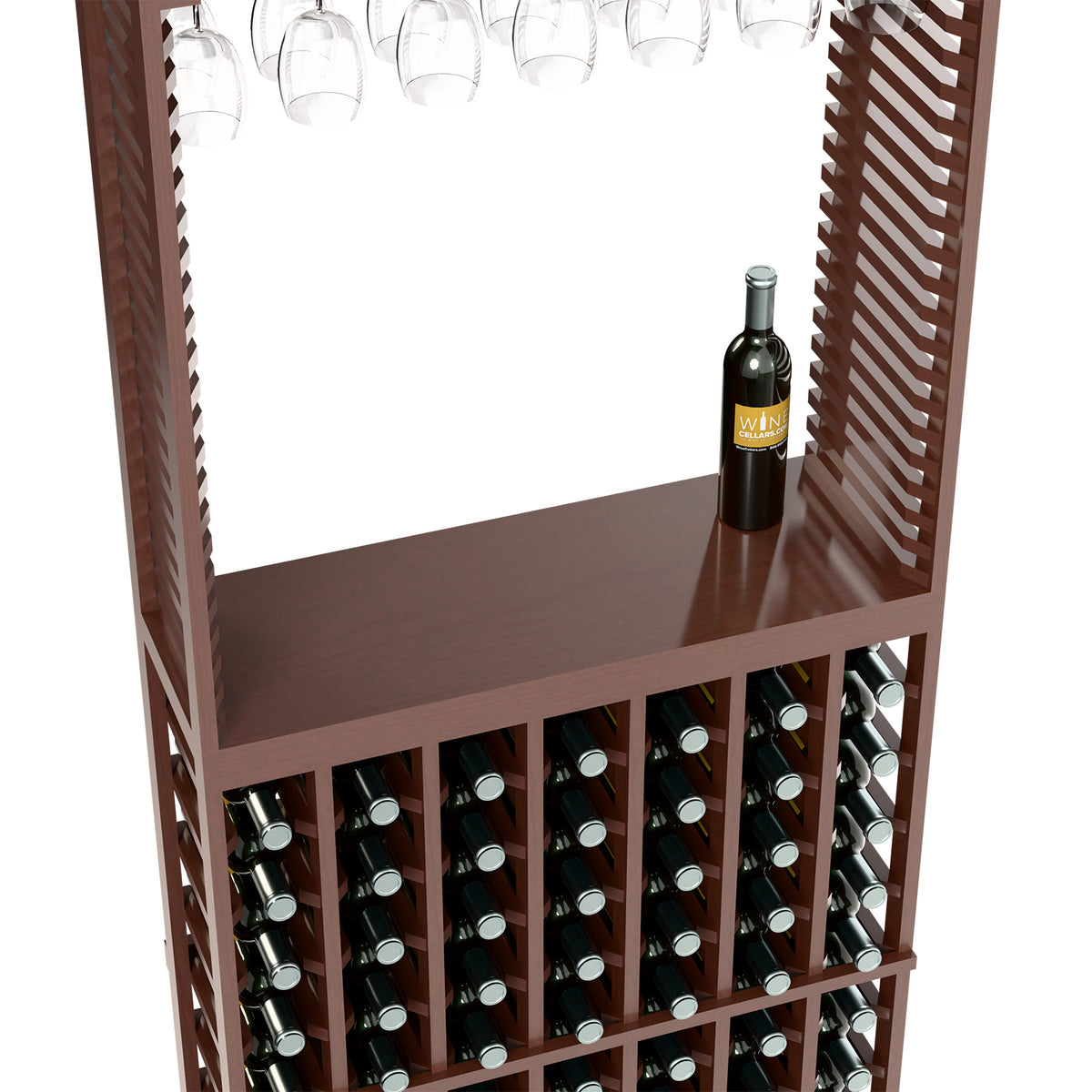 Brown wine tasting station side view with bottle storage and stemware rack