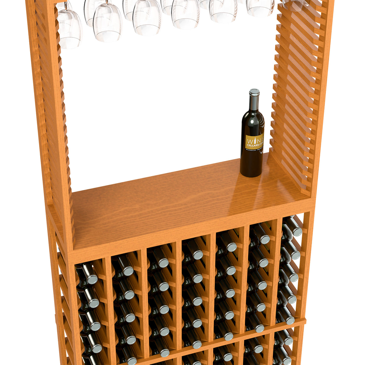 Light wood wine tasting station close-up of bottle rows and top stemware rack