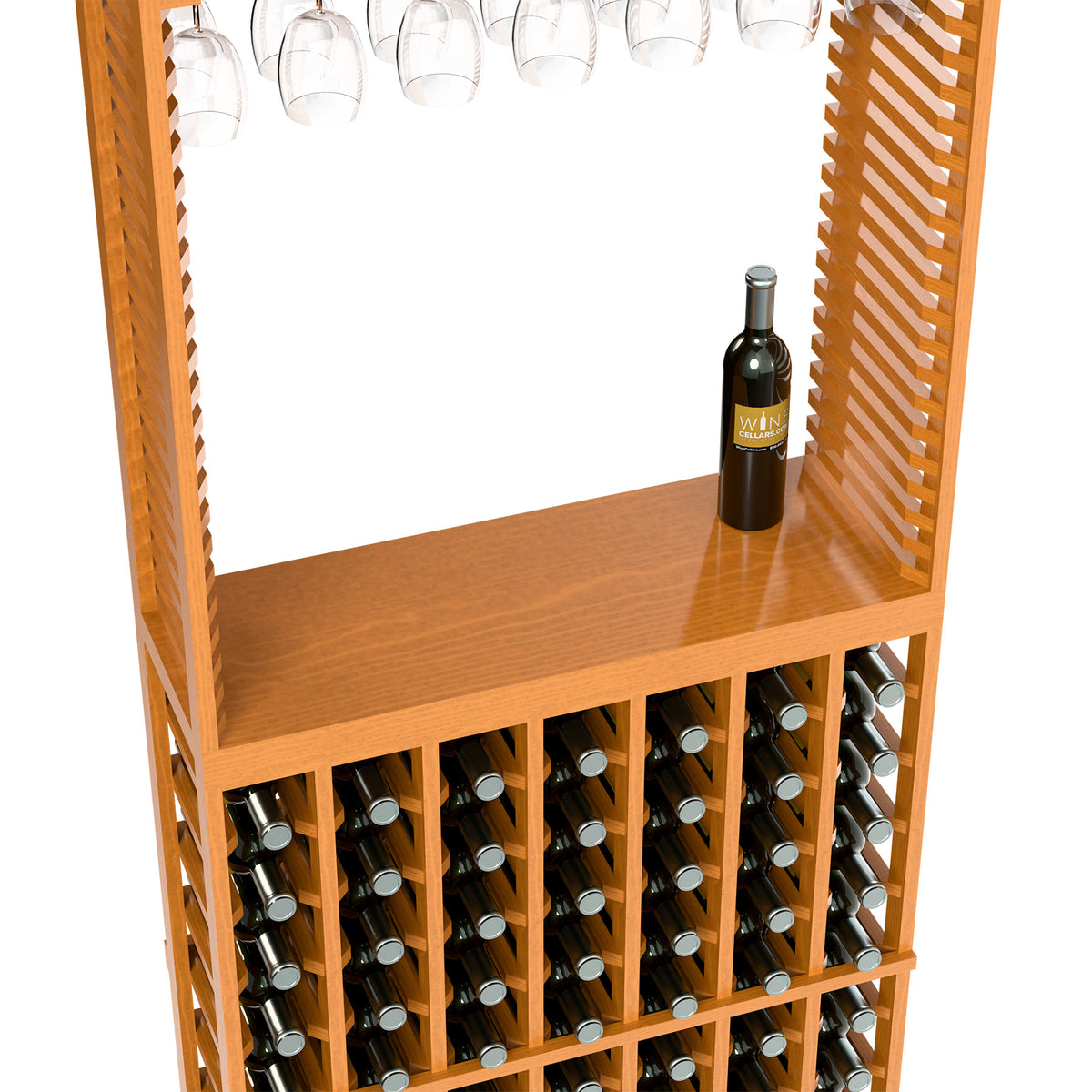 Wood wine tasting station with stemware rack and wine bottle holders, bottle on front shelf