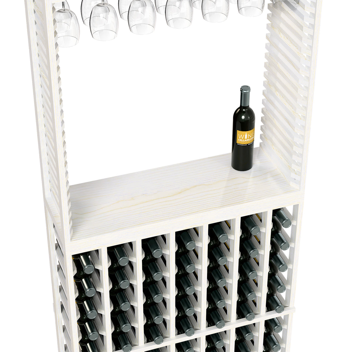 White wine tasting station close-up showing bottle rows and top stemware rack