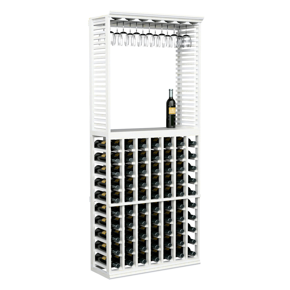 Front view of white wine tasting station with stemware rack and bottle storage grid