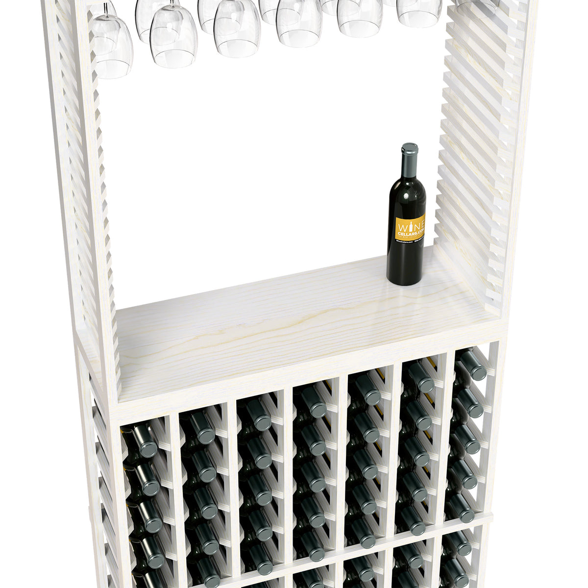 Light wood wine tasting station with stemware rack and wine bottle storage