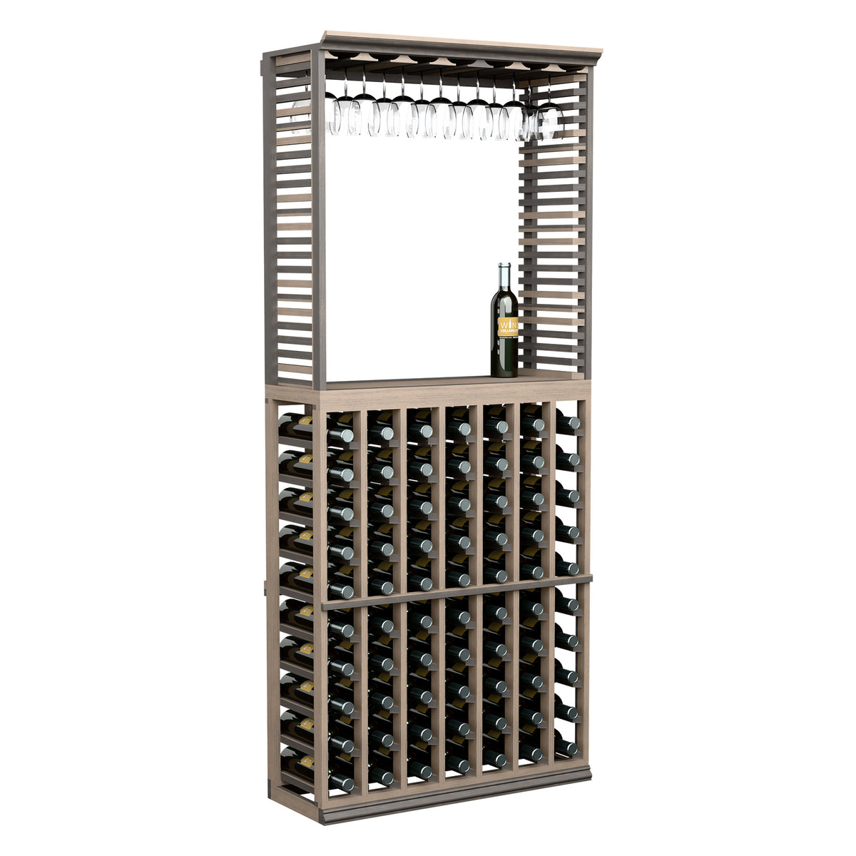 Wine tasting station with stemware rack, glass holders, and front wine bottle grid