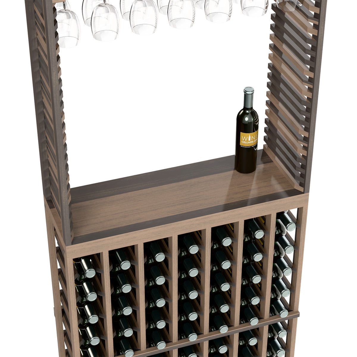 Dark wood wine tasting station with stemware rack and front wine bottle storage