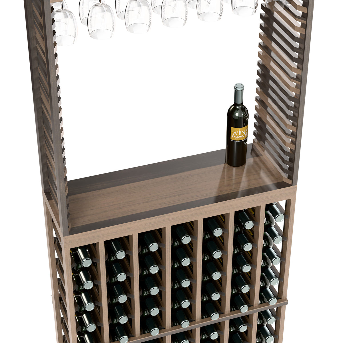 Dark wood wine tasting station with stemware rack and wine bottle cubby shelf