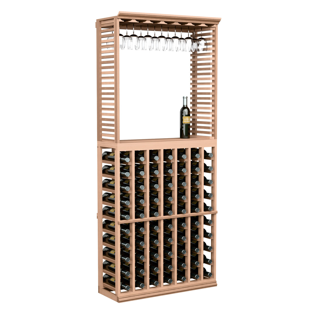 Light wood wine tasting station with stemware rack and wine bottle storage grid