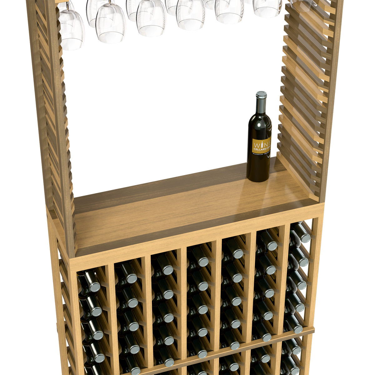 Light wood tasting station with stemware rack, bottle on top shelf, and front wine cubbies.